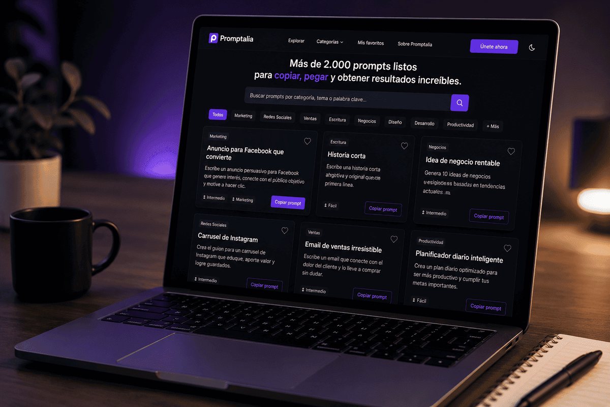 Interfaz de Promptalia con prompts organizados por categoría